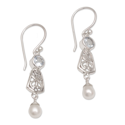 Hook Earrings with Blue Topaz and Cultured Pearl