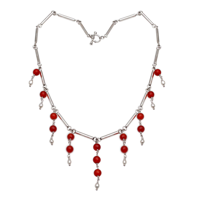 Cultured Freshwater Pearl and Carnelian Waterfall Necklace
