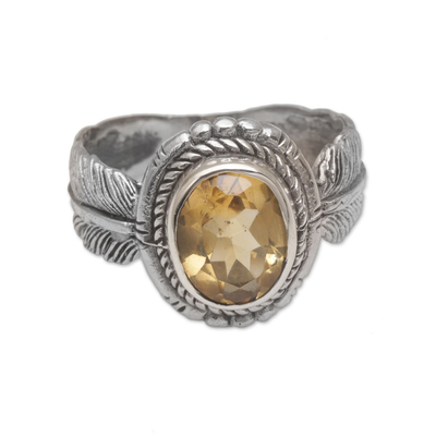 Handmade 925 Sterling Silver Citrine Feather Cocktail Ring