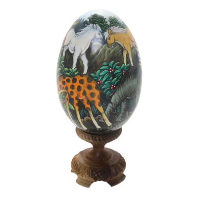 Hand Carved and Painted Jungle Scene Egg Statuette and Stand