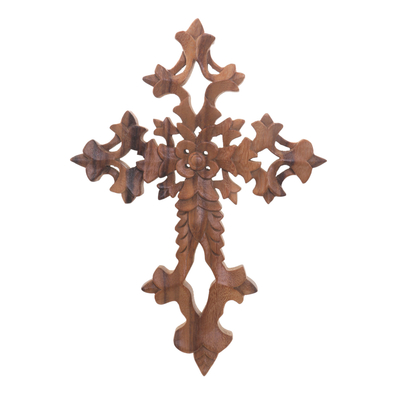 Hand-Carved Floral Suar Wood Wall Cross from Bali