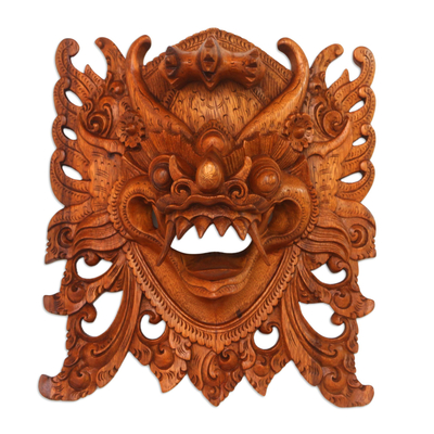 Hand-Carved Acacia Wood Wall Mask of Barong from Bali