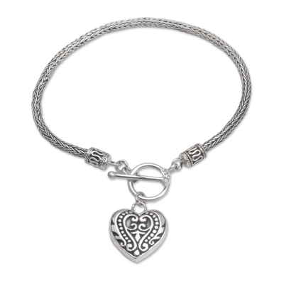 Sterling Silver Bracelet with Heart Charm Crafted in Bali