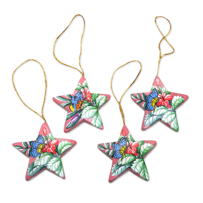 4 Hand Painted Balinese Star Ornaments with Butterflies