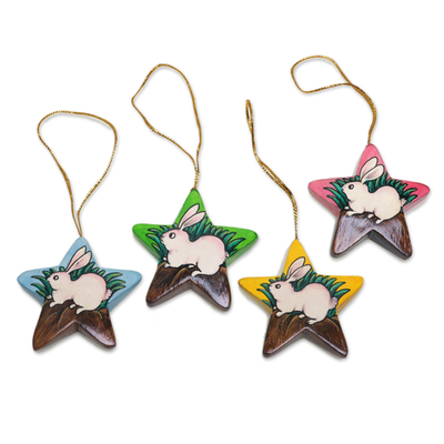 Balinese Hand Painted Bunny Rabbit Star Ornaments (Set of 4)