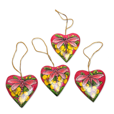 4 Hand Painted Balinese Heart Ornaments with Dragonflies