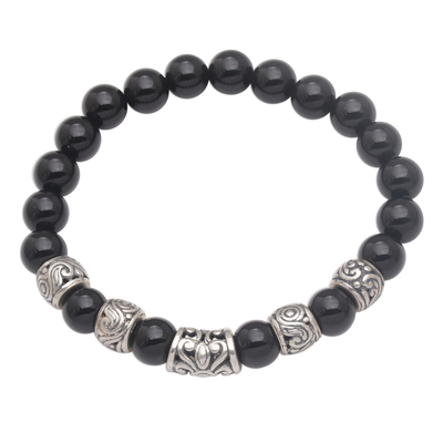 Onyx Beaded Stretch Bracelet with Sterling Silver Beads