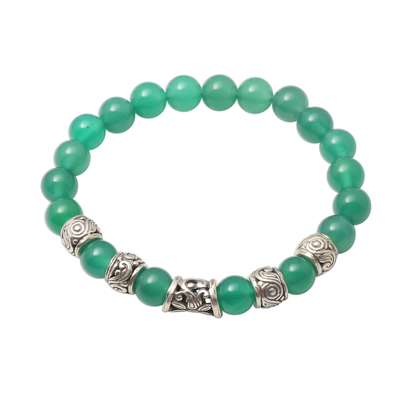 Hand Crafted Green Agate Beaded Stretch Bracelet from Bali