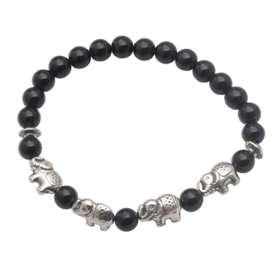 Sterling Silver and Onyx Beaded Stretch Bracelet from Bali