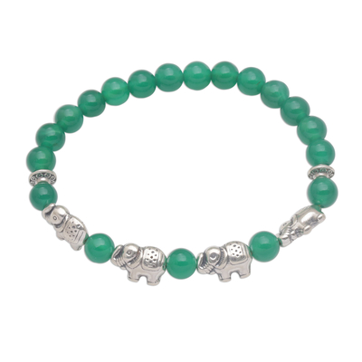 Green Quartz Beaded Bracelet with Sterling Silver Elephants