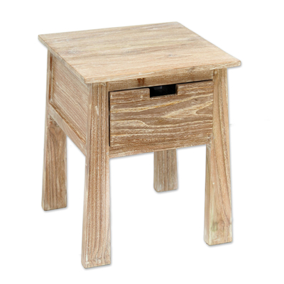 Handcrafted Teak Wood One Drawer Whitewashed Accent Table