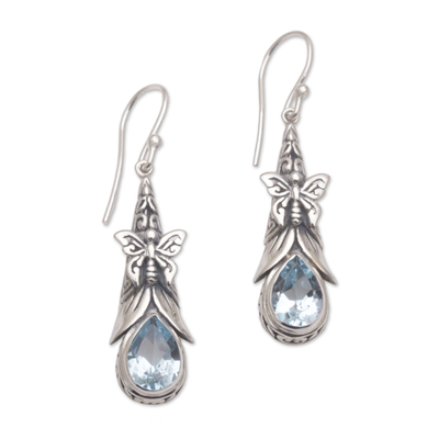 925 Sterling Silver Butterfly Blue Topaz Dangle Earrings