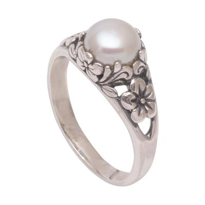 Unique Cultured White Pearl Sterling Silver Flower Solitaire Ring