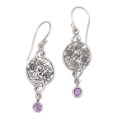 Balinese Amethyst and Sterling Silver Floral Dangle Earrings