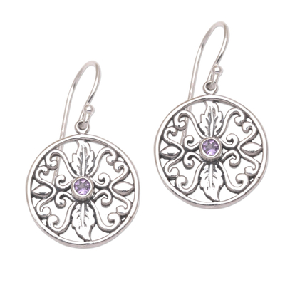 Balinese Amethyst and Sterling Silver Floral Dangle Earrings