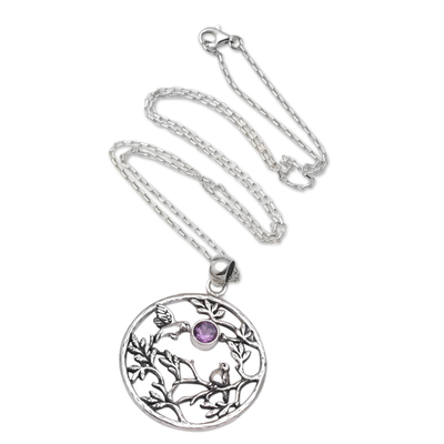 Amethyst and Sterling Silver Hummingbird Pendant Necklace