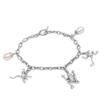 Cultured Freshwater Pearl and Silver Frog Charm Bracelet