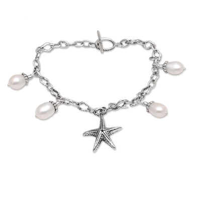 Handmade Sterling Sivler Pearl and Starfish Ocean Life Charm Bracelet