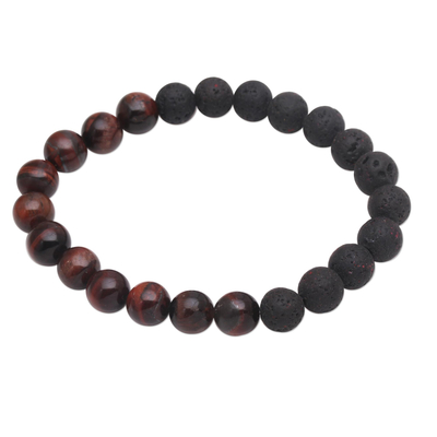Black Lava Stone and Brown Agate Beaded Stretch Bracelet