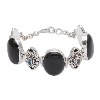 Onyx and Blue Topaz Sterling Silver Link Bracelet from Bali