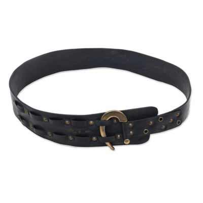Black Iron Studded Leather Belt with Contemporary Hook
