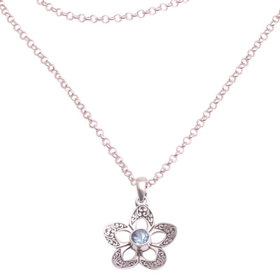 Floral Blue Topaz Pendant Necklace Crafted in Bali