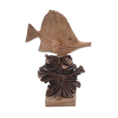 Hand-Carved Jempinis Wood Swimming Tang Fish Sculpture