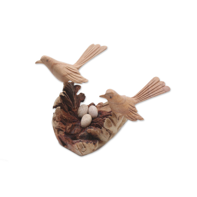Hand-Carved Jempinis Wood Canary Love Nest Sculpture
