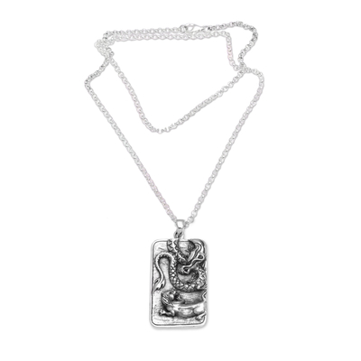 Sterling Silver Dragon and Lion Battle Pendant Necklace
