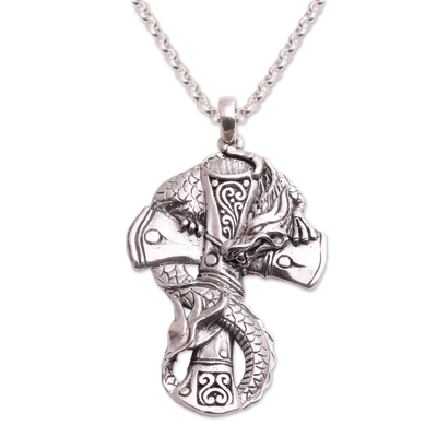 Sterling Silver Dragon and Cross Pendant Necklace from Bali