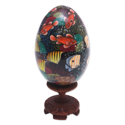 Hand-Painted Colorful Fish on Black Wood Egg Statuette