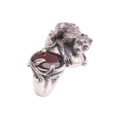 Sterling Silver Garnet Monkey and Tree Theme Cocktail Ring
