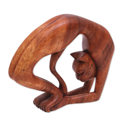 Hand-Carved Suar Wood Cat Yoga Pose Sculpture from Bali