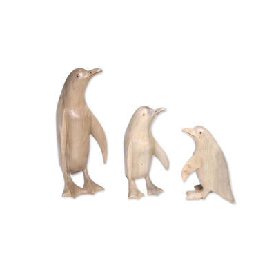 Set of Three Hand-Carved Hibiscus Wood Penguin Family