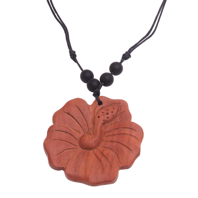 Light Brown Wood Hibiscus Flower Necklace from Bali