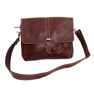 Handcrafted Leather Messenger Bag in Mahogany from Java
