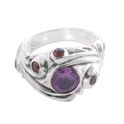 Amethyst and Garnet Cocktail Ring Crafted in Bali