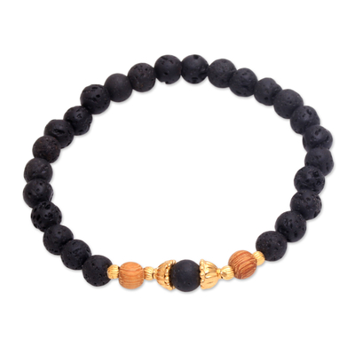 Lava Stone Bracelet with Gold Plated Beads