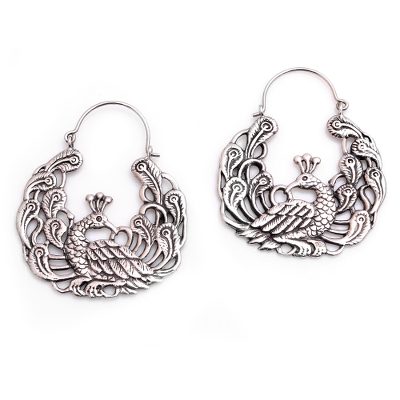 Sterling Silver Peacock Hoop Earrings from Bali