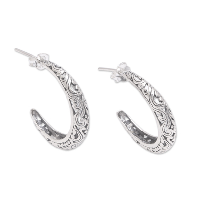 Vine Motif Sterling Silver Half-Hoop Earrings from Bali