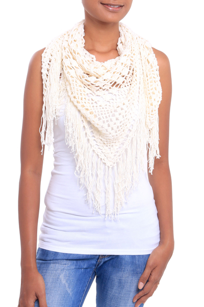 Hand-Crocheted Cotton Shawl in Ivory from Bali