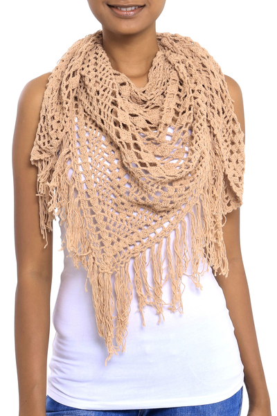 Hand-Crocheted Cotton Shawl in Camel from Bali