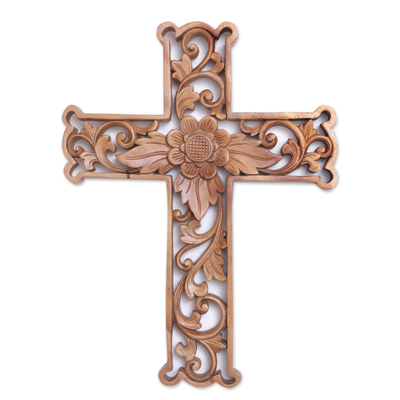 Hand-Carved Wood Floral Wall Cross from Bali