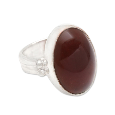 Domed Red-Hued Amber and Sterling Silver Cocktail Ring