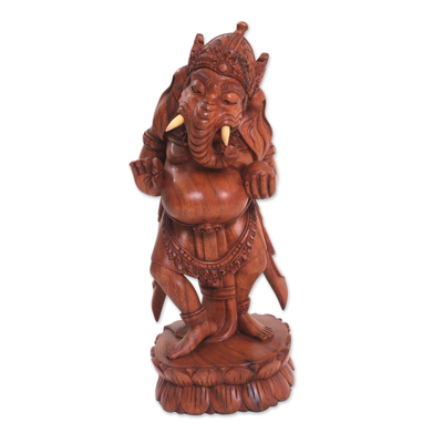 Wood Sculpture of Ganesha on a Lotus Flower from Bali