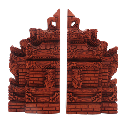 Hand-Carved Cultural Suar Wood Bookends from Bali (7.5 in.)