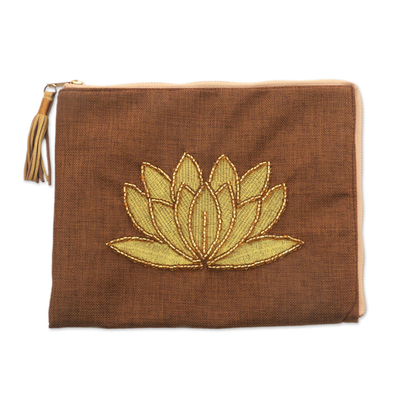 Floral Embellished Jute Coin Purse in Tan from Java