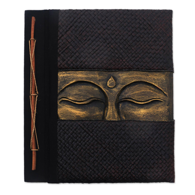 Buddha-Themed Wood and Natural Fiber Photo Album in Gold