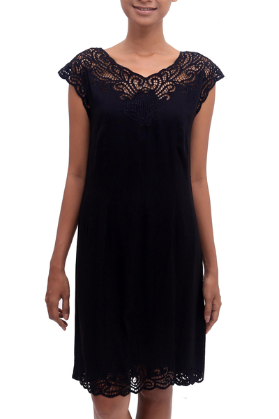 Embroidered Rayon Fit & Flare Dress in Onyx from Bali