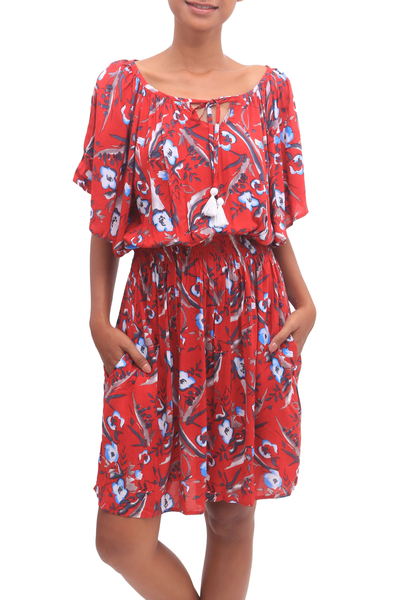 Floral Rayon Tunic-Style Dress in Strawberry from Bali